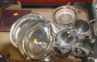 A box of miscellaneous metalware to include a pair of Old Sheffield plate bottle coasters, silver