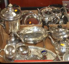 A box of miscellaneous silver plated wares to include a small samovar, breakfast dish, teapot, three