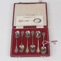 A set of six silver trefid or lace-back spoons in the Charles II style, in fitted leather case
