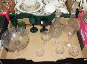 A collection of antique glassware to include pedestal dish with engraved floral decoration, height