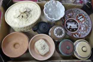 A box of ceramics to include caneware tureen and cover (a/f), and a Copeland Spode Greek pattern