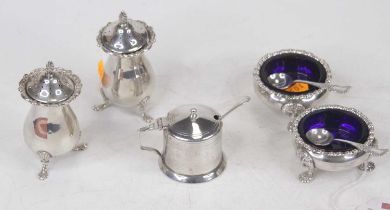 A pair of George III style silver open salts, of squat circular form, with beaded rims and blue