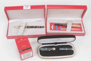 A Sheaffer fountain pen, having 18ct gold nib, electroplated gold cap and simulated marble barrel,