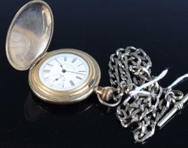 An American Waltham gold plated full hunter keyless pocket watch, on steel curblink chain with