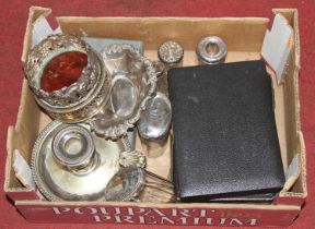 A box of miscellaneous items, to include a silver plated bottle coaster cast with fruiting vines,