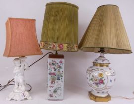 A Chinese pottery table lamp, decorated in high relief with vases, height excluding fittings 29cm,