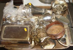 A box of miscellaneous metalware to include Old Sheffield plate bottle coaster, four division