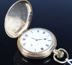 A gent's gold plated full hunter pocket watch, the Roman white enamel dial signed the retailer James
