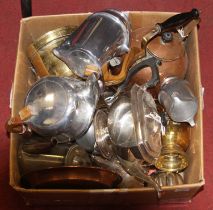 A box of miscellaneous metalware to include a Unity plate teapot, piquet ware teapot, copper range