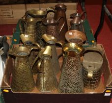 Two boxes of metalware, to include Victorian style embossed copper watering can, copper jugs etc