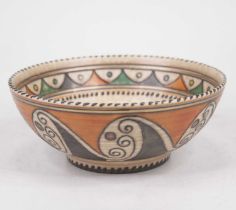 Charlotte Rhead for Crown Ducal - a pottery bowl, tube-line decorated in the Arabian Scroll pattern,