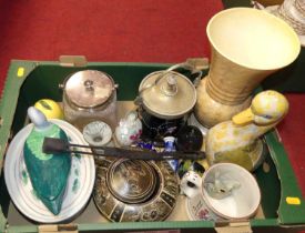 A box of various ceramics and glass to include Staffordshire pottery mug, decorated with figures,