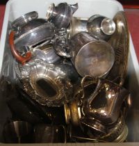 A box of miscellaneous metalware to include bell shaped tankard, plated three piece tea service,
