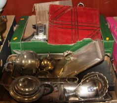 Two boxes of miscellaneous metalware to include pewter three-piece tea set, trophy cup, etc