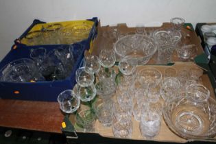 Four boxes of glassware, to include a set of six cut glass wine hocks on tapered green stems and