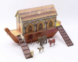 A late 19th century Continental pine and polychrome painted model of Noah's Ark, having a pitched