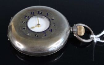 An Omega gent's silver cased half hunter pocket watch, the white enamel dial indistinctly signed