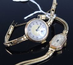 An Art Deco lady's 9ct gold cased manual wind wristwatch, on gilt metal snake link bracelet;