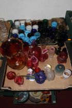 Two boxes of glassware to include Victorian coloured glass hanging lanterns and Victorian amber