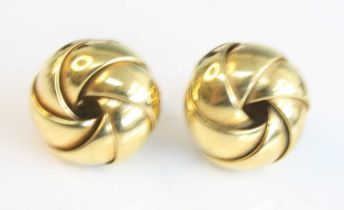 A pair of 9ct yellow gold multi-strand hollow knot earrings, each with post and scroll fittings,