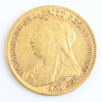Great Britain, 1899 gold half sovereign, Victoria veiled bust, rev: St George and Dragon above date.