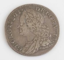 Great Britain, 1757 sixpence, George II draped laureate bust left, rev; crowned quartered shields