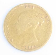 Great Britain, 1873 gold half sovereign, Victoria young bust above date, rev: crowned quartered