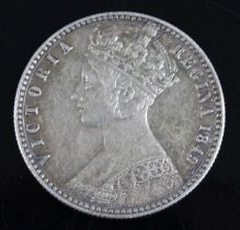 Great Britain, 1849 florin, Victoria Godless type, rev; crowned cruciform shields around central