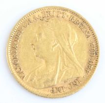 Great Britain, 1901 gold half sovereign, Victoria veiled bust, rev: St George and Dragon above date.