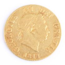 Great Britain, 1818 gold half sovereign, George III laureate bust above date, rev; crowned quartered