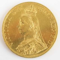 Great Britain, 1887 gold five pound coin, Victoria jubilee head, rev; St George and Dragon above