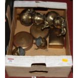 A box of oriental items to include a pair of cast brass vases of double gourd shape and a pair of