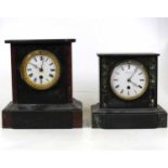 A Victorian black slate and green marble cased mantel clock, of typical form, having an enamelled
