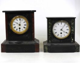 A Victorian black slate and green marble cased mantel clock, of typical form, having an enamelled