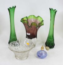 A 20th century studio glass vase, having a frilled rim, h.29cm, together with a pair of pressed