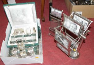 A collection of miscellaneous silver plate, to include a four-cup egg cruet with spoons, cake basket