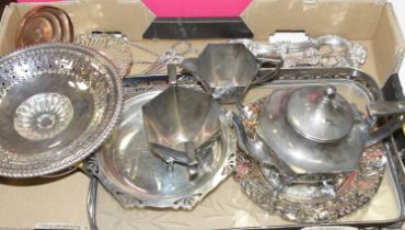 A box of miscellaneous metalware, to include three-piece tea service, comport, wick scissors etc