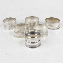 A collection of six Victorian and later silver napkin rings, 4.8oz