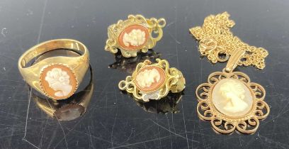 A 9ct gold carved shell cameo ring, size N, together with a 9ct gold carved shell cameo pendant on