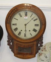 A Victorian walnut and satin wood inlaid cased drop trunk wall clock having a circular enamel dial