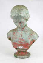 A painted pottery head and shoulders bust of a classical lady on socle base, height 49cm Chip to
