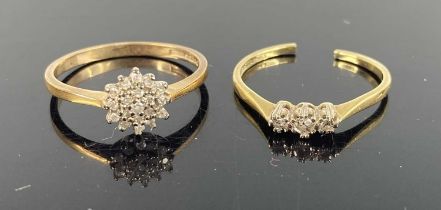 A 9ct gold diamond point flower head cluster ring, size O, together with an 18ct gold diamond