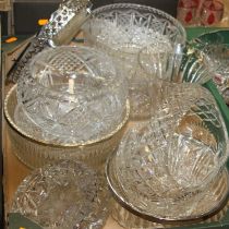 A box of miscellaneous mainly cut glass ware to include fruit bowls, trumpet shaped vase, ashtrays