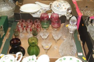 A box of miscellaneous glassware to include cut & coloured glass wine hocks, amethyst tinted glass