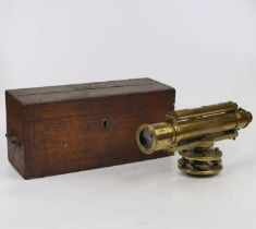 A late 19th century John Davis of Derby brass cased theodolite 27cm long, in fitted mahogany box