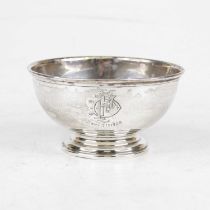 A George V silver sugar bowl, having engraved monogram and on domed rim, 2.6oz