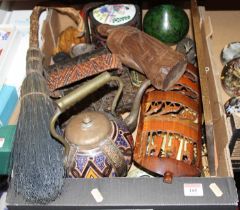 A collection of miscellaneous items to include a Chinese carved wooden figure of a scholar, Japanese