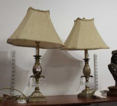 A pair of polished hardstone and gilt painted lustre table lamps, height including shade 65cm