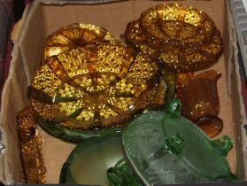 A box of assorted pressed and moulded glass, to include amber examples