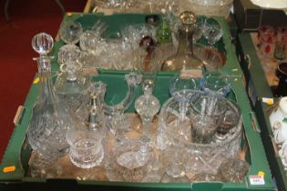 Two boxes of miscellaneous glass ware to include smoky glass decanter and stopper of mallet shape,